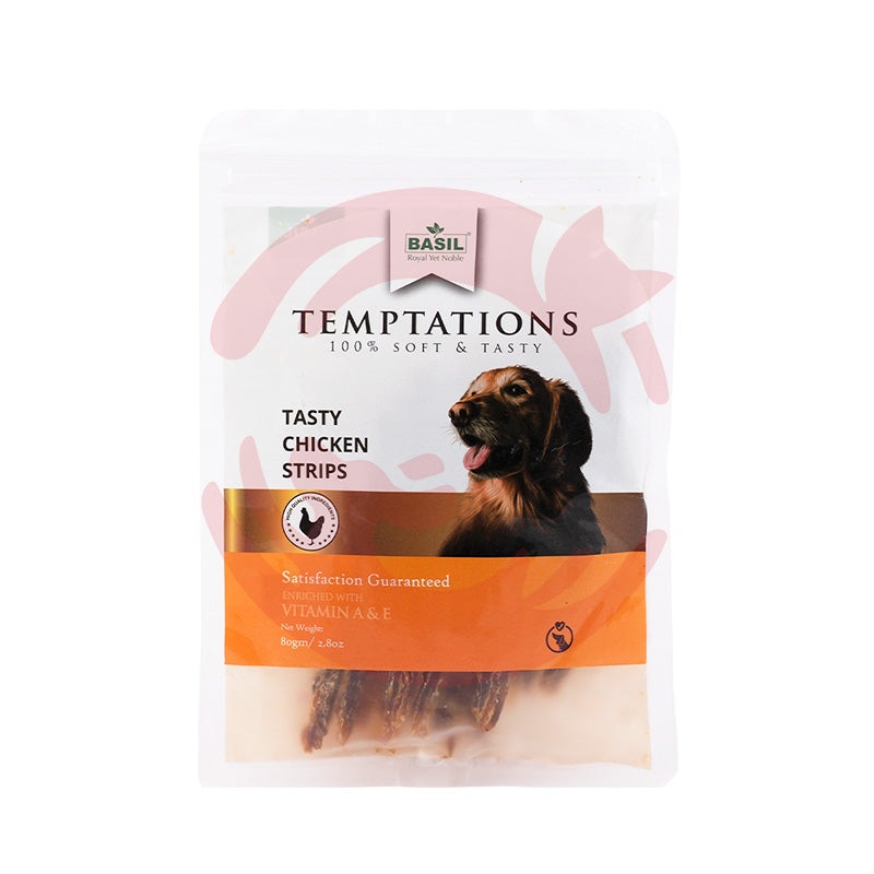 Basil Dog Treats – Temptations Tasty Chicken Strips (80g)