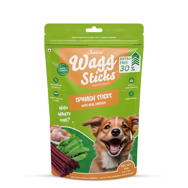 Chesters Wagg Sticks Spinach Sticks Dog Treat – 70 gm