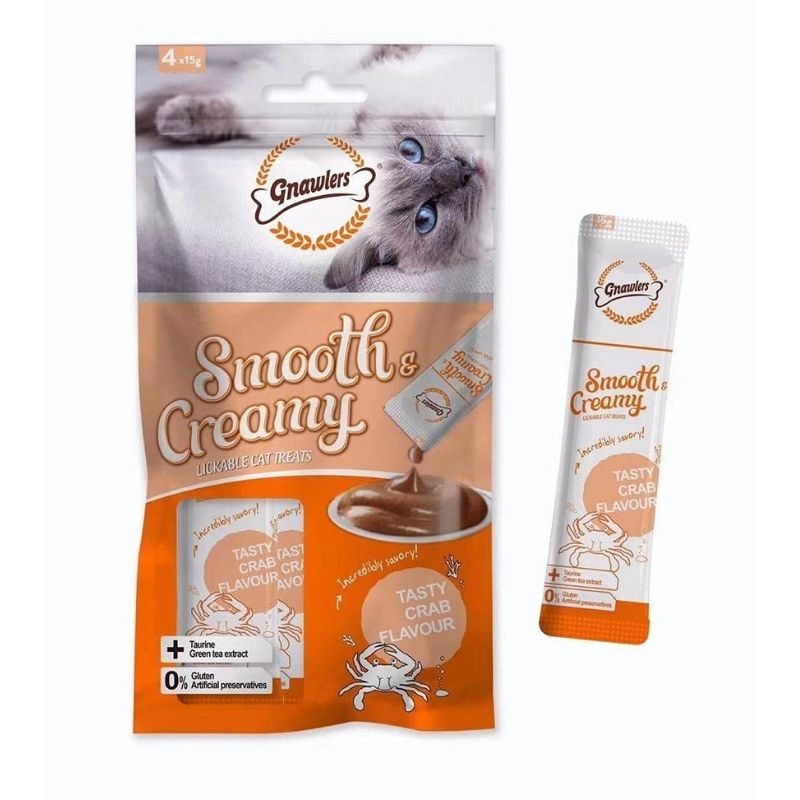 Gnawlers Creamy Cat Treats – Tasty Crab Flavour (4 x 15g Pouch) – Pack of 5