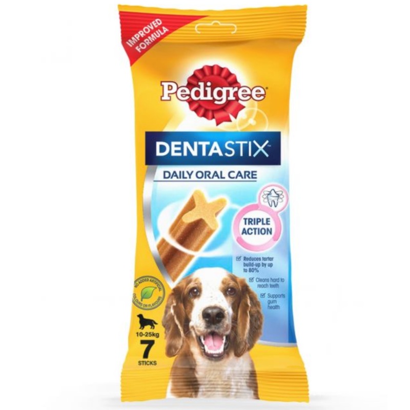 Pedigree Dentastix Dog Treat Oral Care for Adult Medium Breed (10-25 kg), (7 Sticks) 180g Weekly Pack – Pack of 5