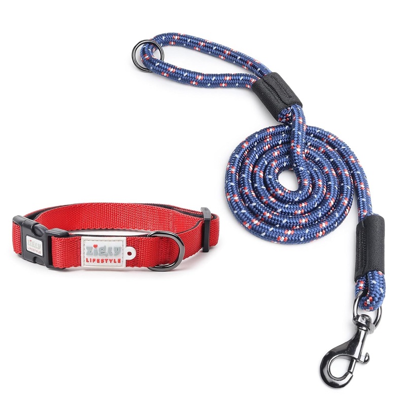 ZL Classic Padded Dog Collar & Refelective Leash Set – Red with Blue