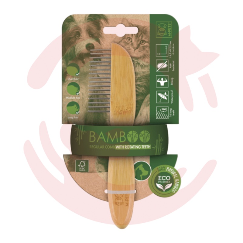 M-Pets Bamboo Regular Comb with Rotating Teeth – 16 Teeth