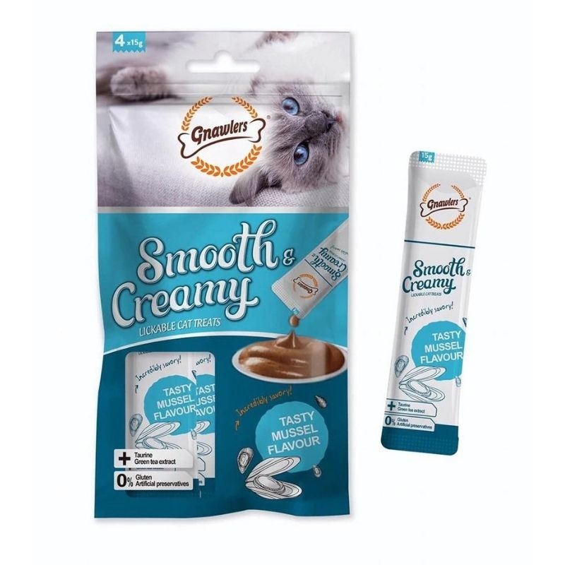 Gnawlers Creamy Cat Treats – Tasty Mussel Flavour (4 x 15g Pouch)