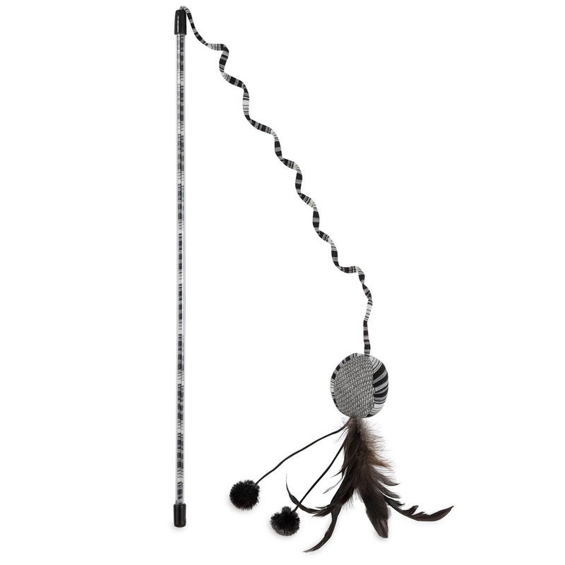 JW Feather Ball Cat Wand|BLACK AND WHITE FEATHER BALL|ONE SIZE