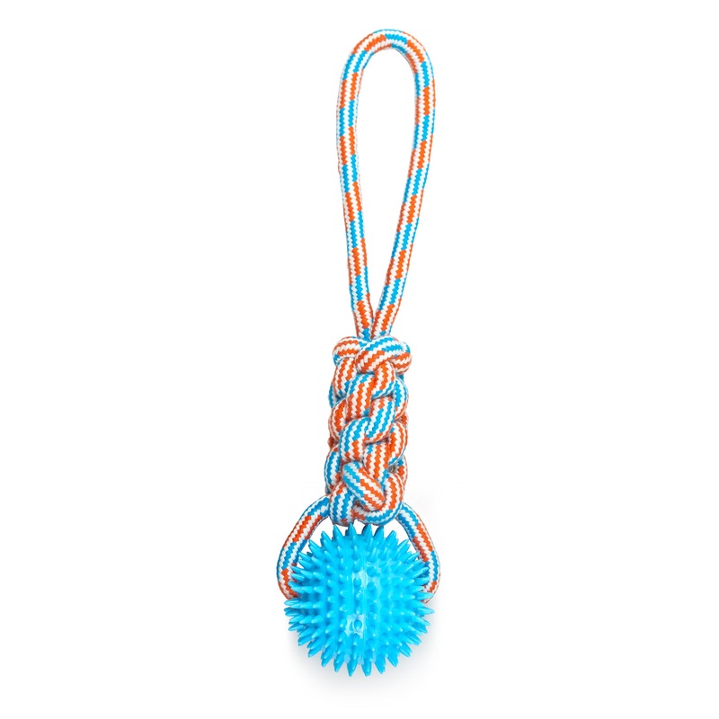 ThoozyPet Knotted Tug Rope Dog Toy with TPR Spike Ball Blue / Red 16