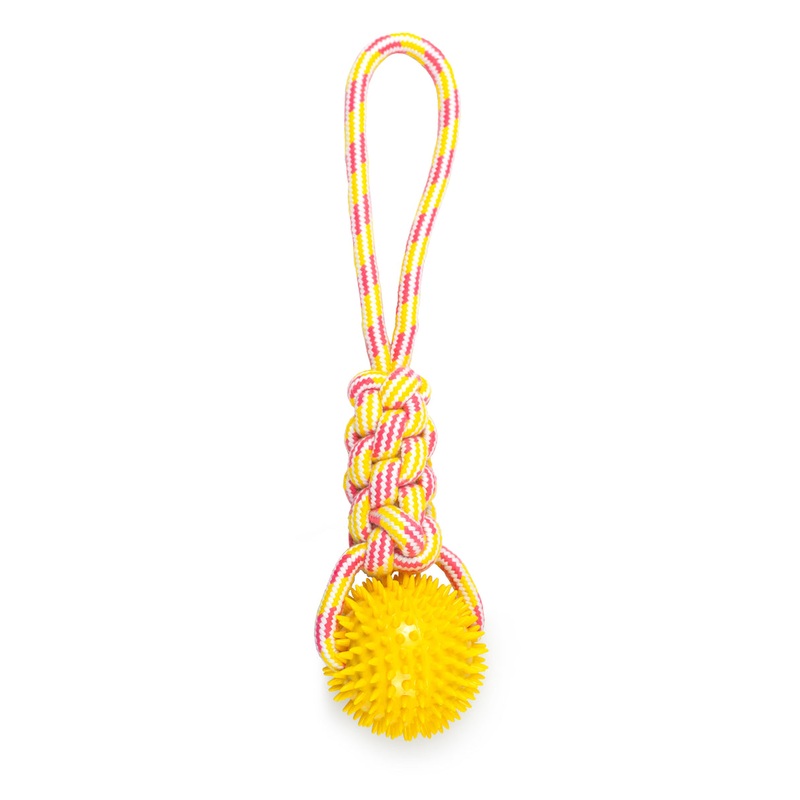 ThoozyPet Knotted Tug Rope Dog Toy with TPR Spike Ball Yellow / Pink 16