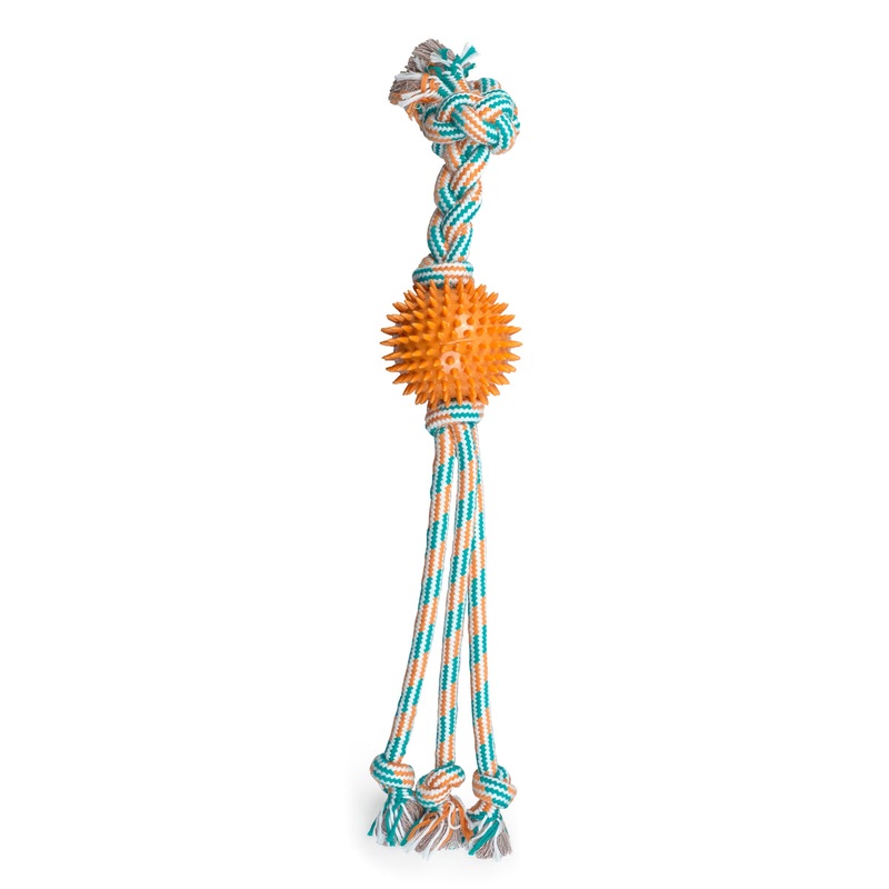 ThoozyPet Squid Tails Tug Rope Dog Toy with TPR Spike Ball Orange / Teal 22