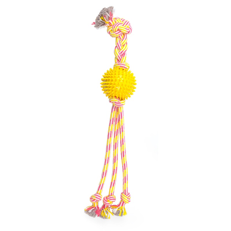 ThoozyPet Squid Tails Tug Rope Dog Toy with TPR Spike Ball Yellow / Pink 22