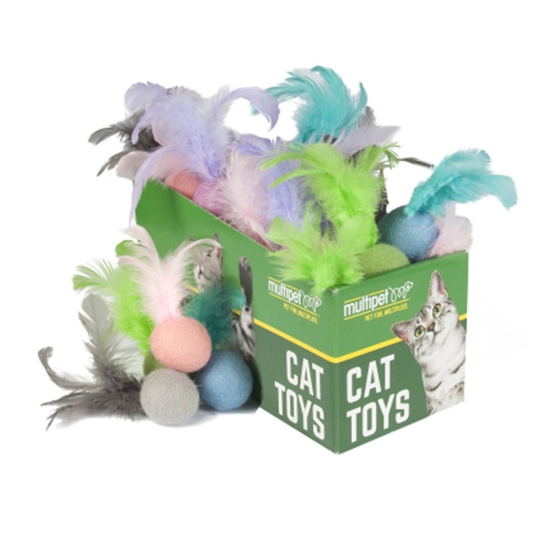 Multipet Felt Ball w/ Feathers Cat Toys  Assorted Colors 4 30pc