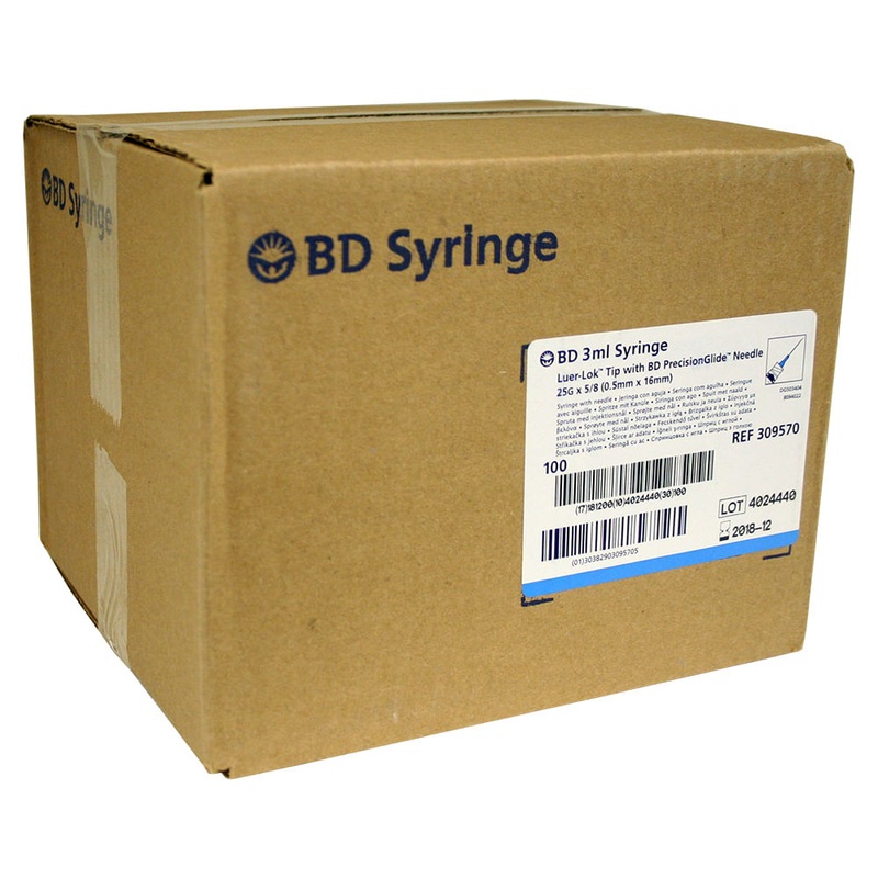 BD Luer-Lock (LL) Syringe with Needle Combo, 3cc with 25ga x 5/8, Box of 100