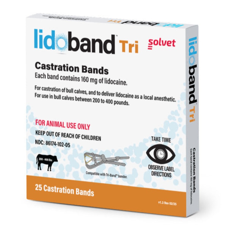 Tri-Band Bander Castration Kit with Lidoband Tri Pain-Relief Lidocaine Bands for Cattle