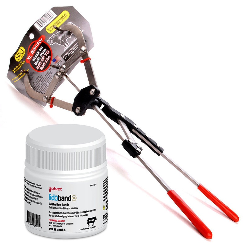XL Bander with Lidoband XL Pain-Relief Lidocaine Castration Bands for Cattle, Humane Castration Kit, Plier-Type Applicator